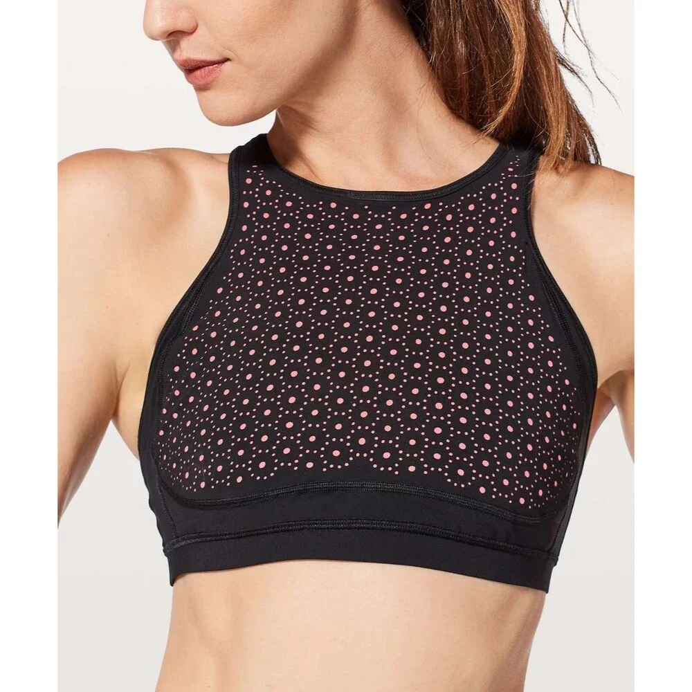 Lululemon Colour Me Quick Sport Bra Pink Black Flash Light Tone High Neck Size 4